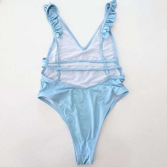 Womens SheIn One Piece Bathing Suit Monokini Ruffle Deep Plunge Small Light Blue - Picture 3 of 9
